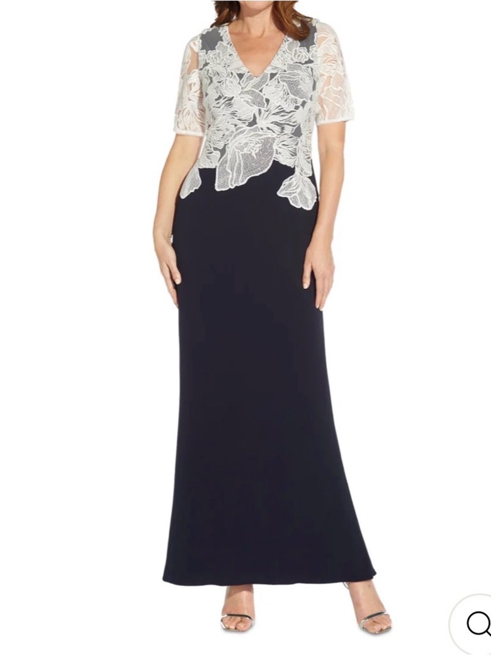 Adrianna Papell Midnight Blue and Ivory Appliquéd Crepe Column Gown Size 2 - NEW